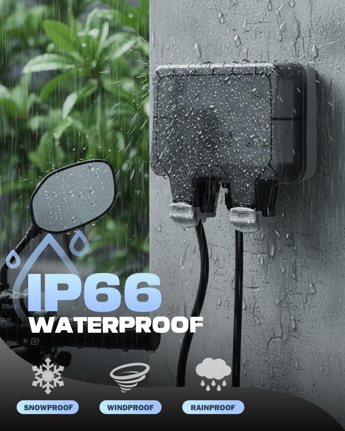 Detalle 2 de Outdoor Plug Sockets Waterproof 15m Extension Lead with 2 USB Ports (IP66, wall-mounted with switch & LED)