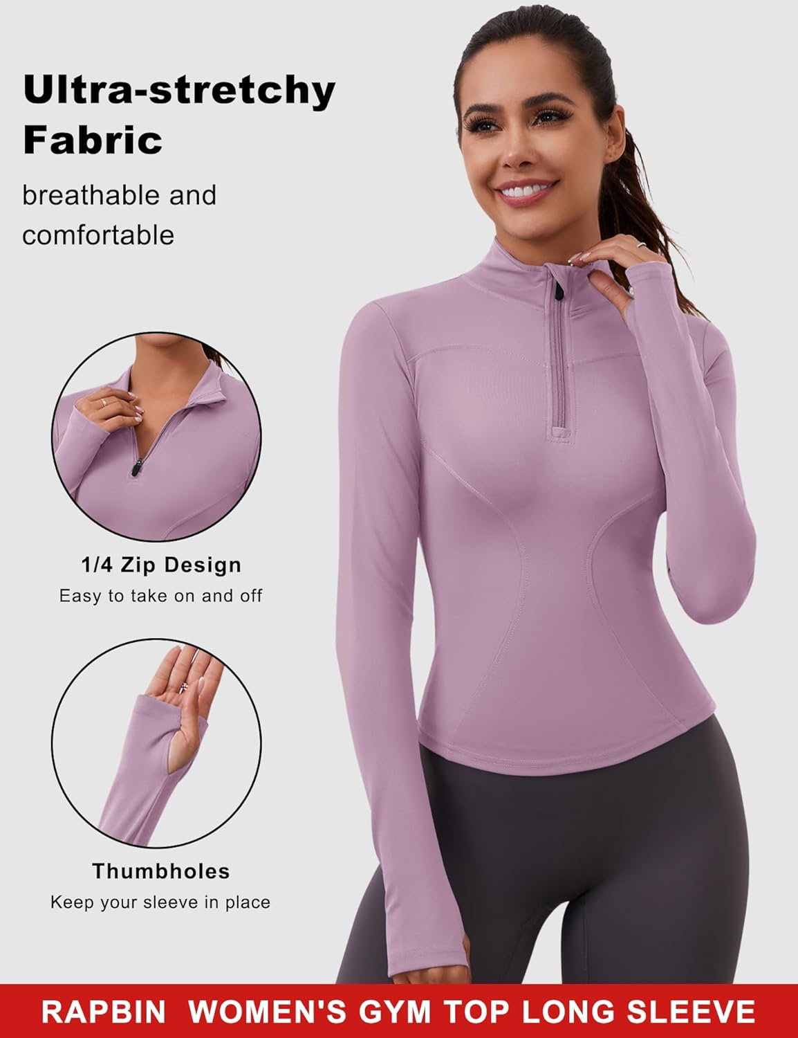 Thumbnail 3 de Rapbin Damen Langarm Sportshirt mit 1/4-Reißverschluss und Daumenloch – Gym & Laufen