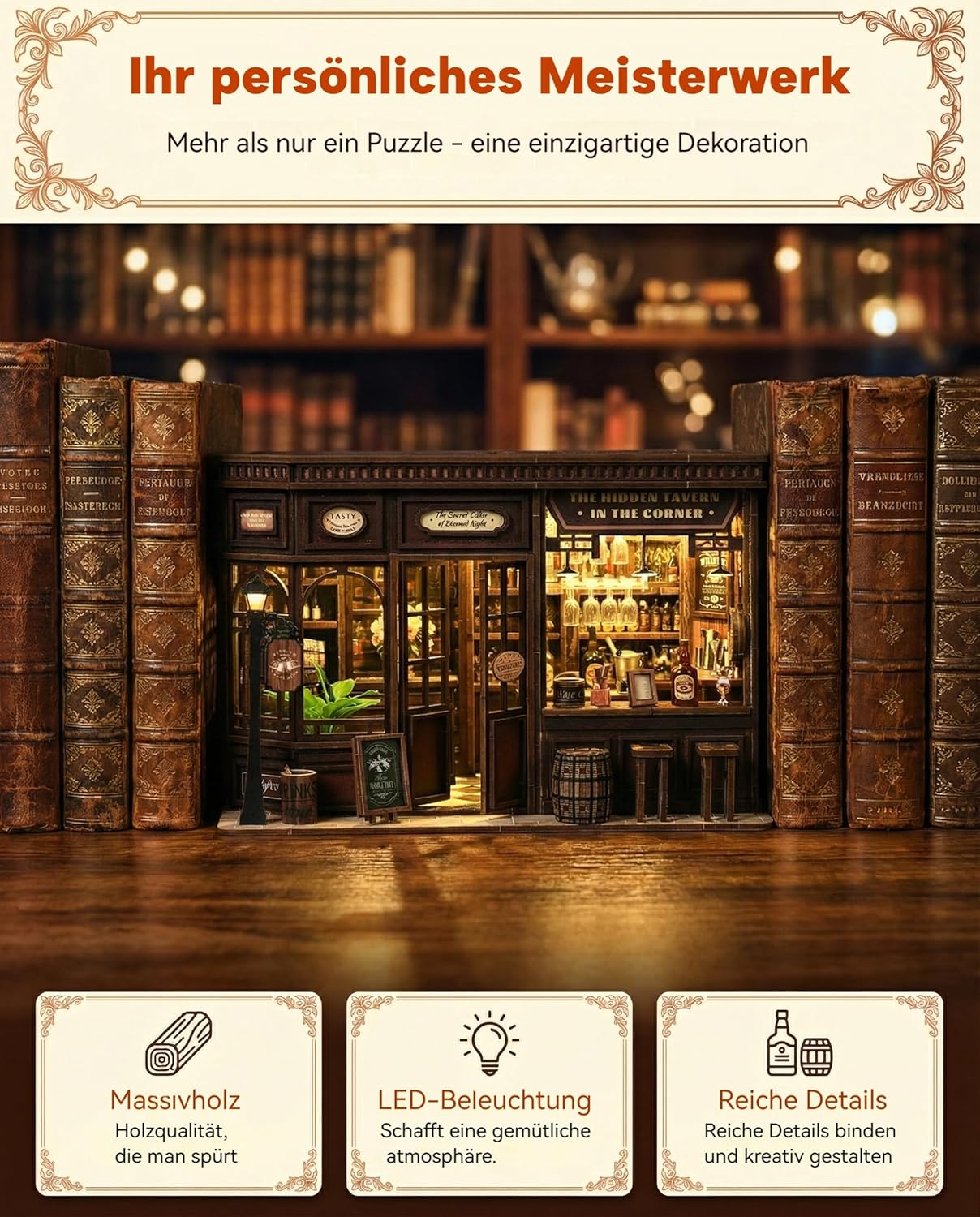 Detalle 2 de Book Nook Kit Taverne – 3D Holzpuzzle mit LED-Licht, DIY Miniatur-Haus & Werkzeug-Set (ab 14)