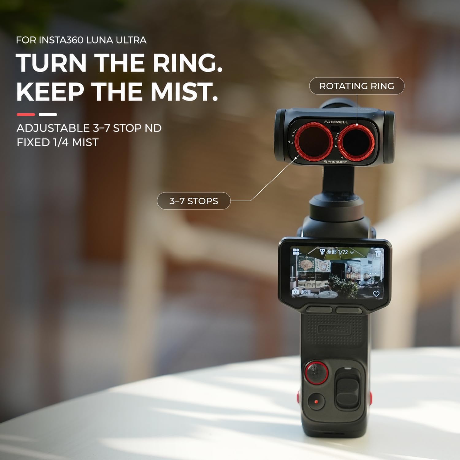 Detalle de FREEWELL VNDXMIST – filtr VND z dyfuzją mgły do Insta360 Luna Ultra, 3–7 stopni
