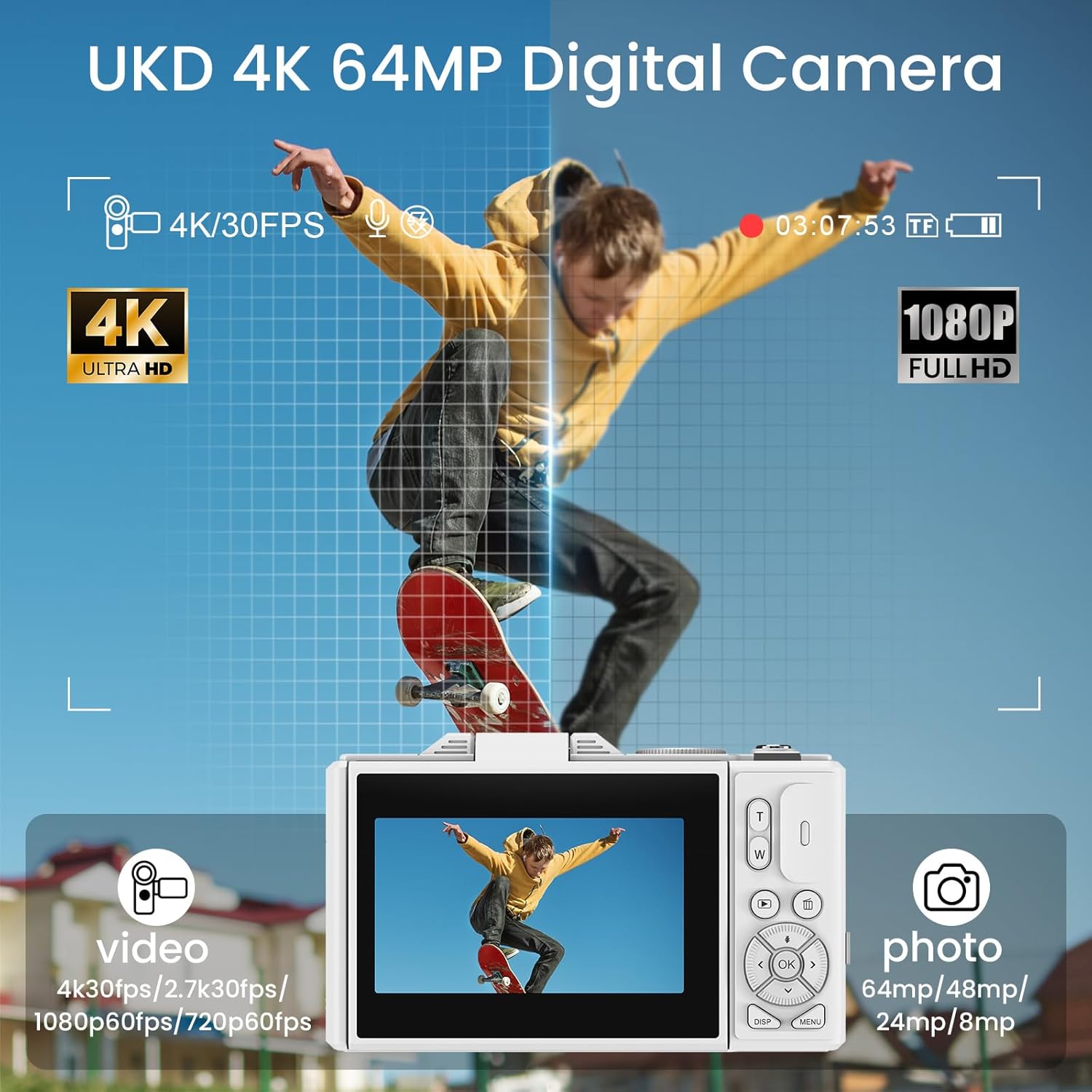Thumbnail 1 de SOPPY 5K Digital Camera with WiFi Transfer, 75MP Vlogging, 18X Zoom & 3" Flip Screen (White)