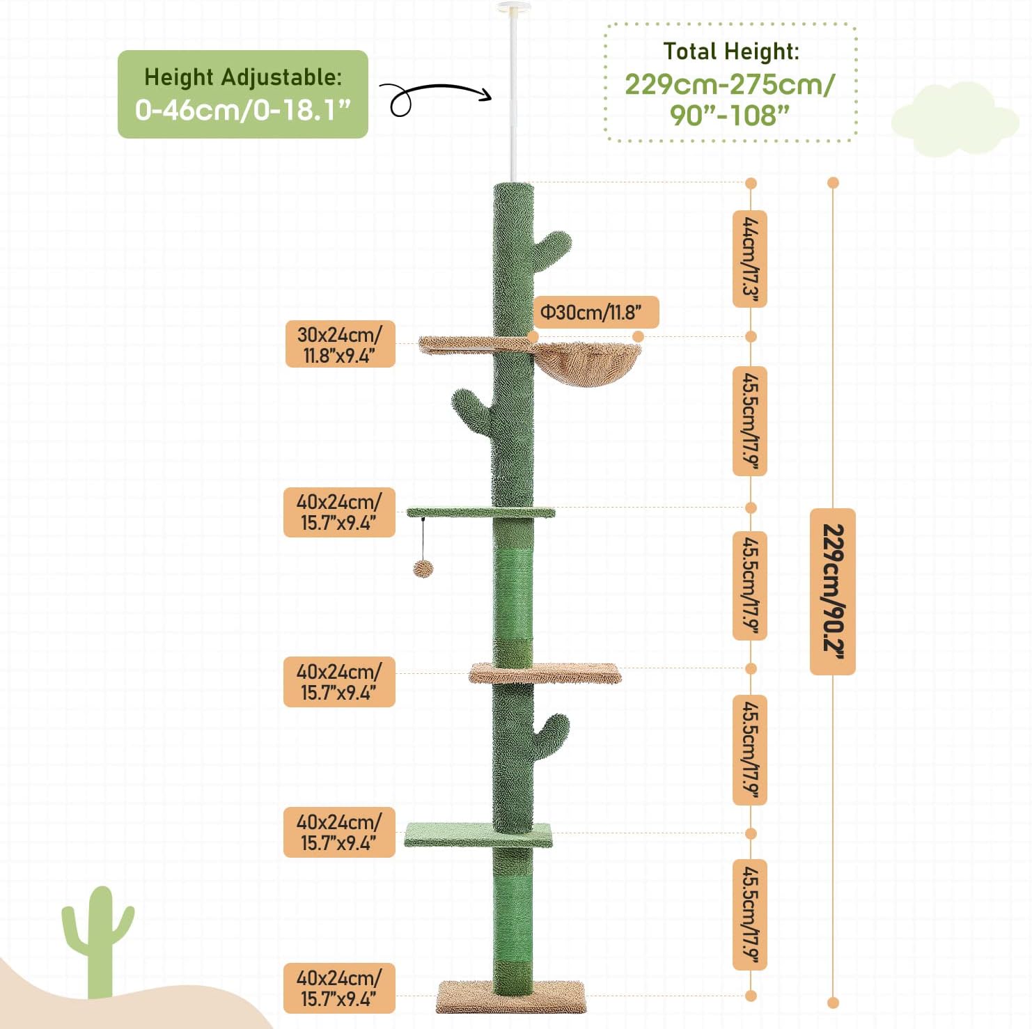 Thumbnail 1 de PAWZ Road Cactus Cat Tree Floor to Ceiling Tower (239-275cm) – 5-Tier Activity Centre with Hammock and Scratching Post