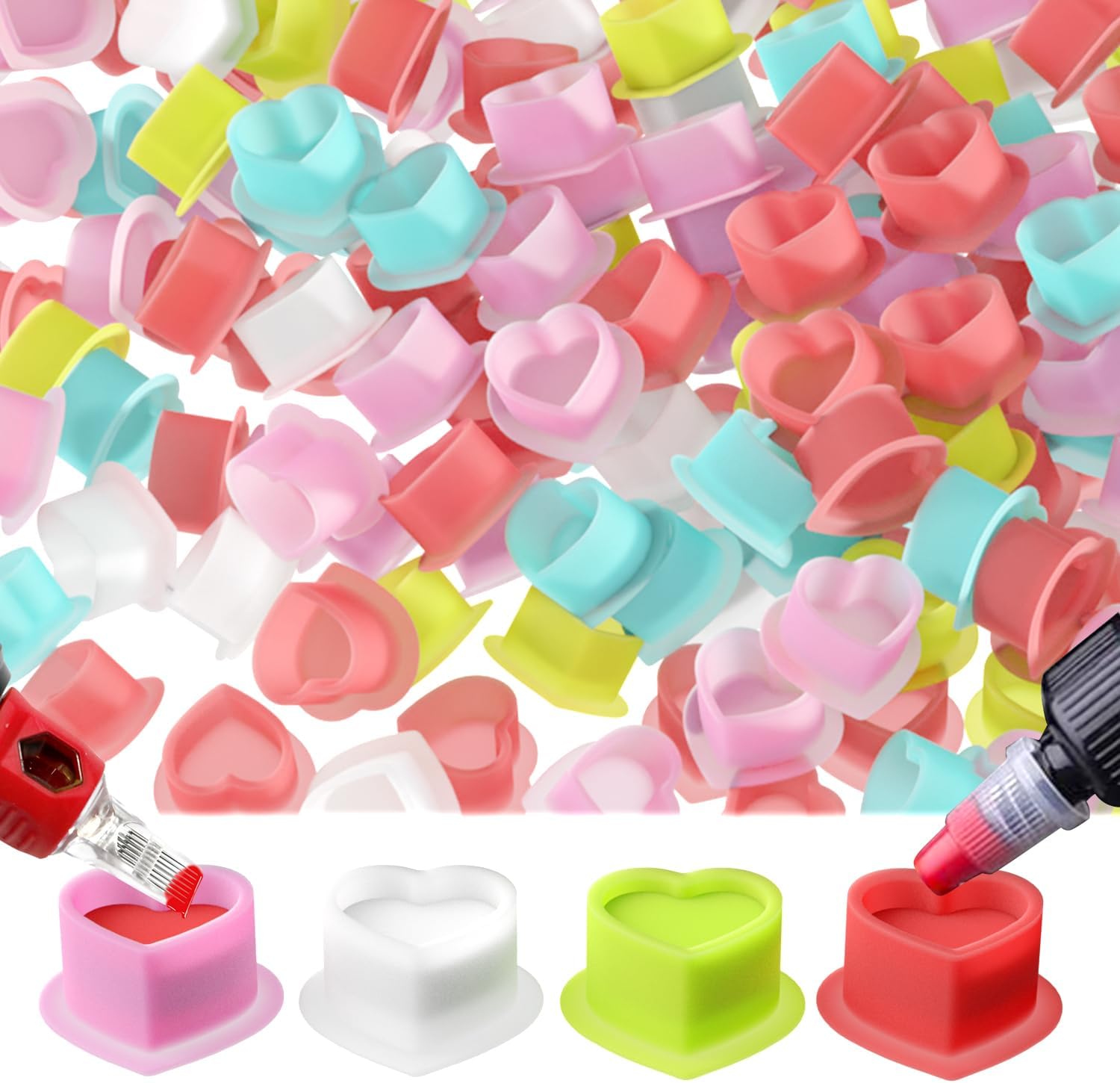 Detalle de Tattoo Ink Cup Heart-Shaped Silicone Cup (200 Mix) – Durable, Reusable, Handy for Tattoo, Eyebrow, Lip Colour and Nail Art