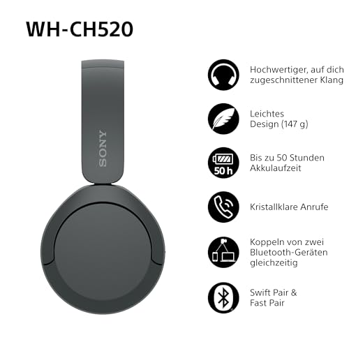 Detalle de Sony WH-CH520 Kabellose Bluetooth-On-Ear-Kopfhörer Schwarz – lange Akkulaufzeit, einfach bedienbar