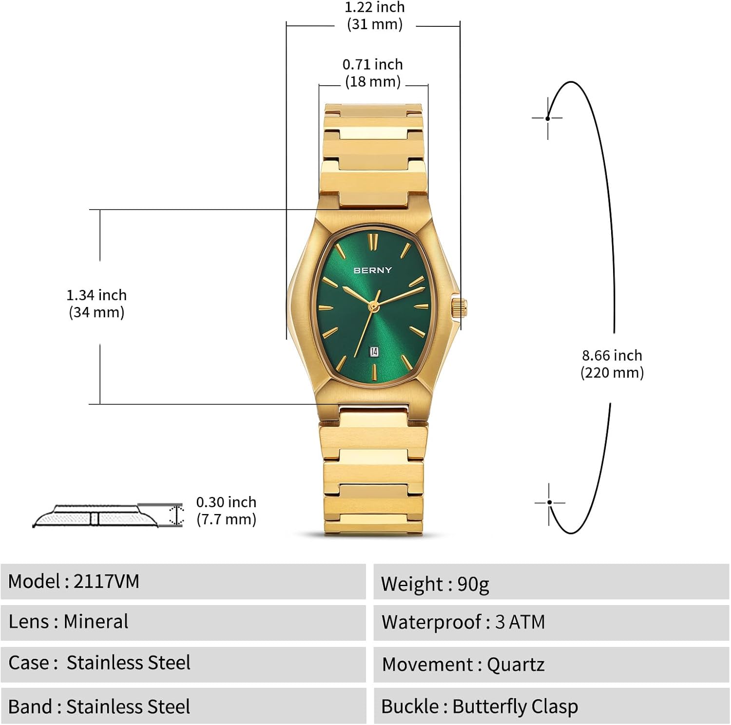 Thumbnail 5 de BERNY Herren-Quarzuhr mit Quratz-Bewegung, 3-ATM-Wasserschutz und Mineralglas – modische Luxusoptik in Gold