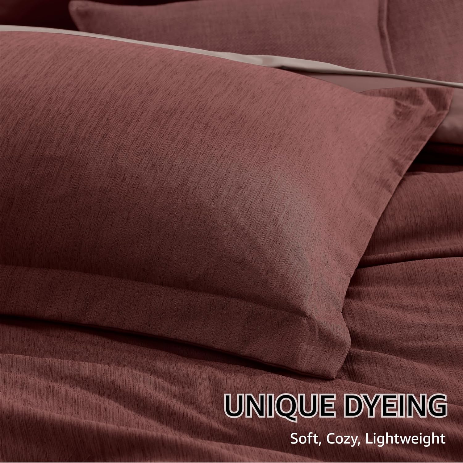 Detalle de Monbix Queen Comforter Set - 7 Pieces, Cationic Dyeing, Dark Red Bed in a Bag