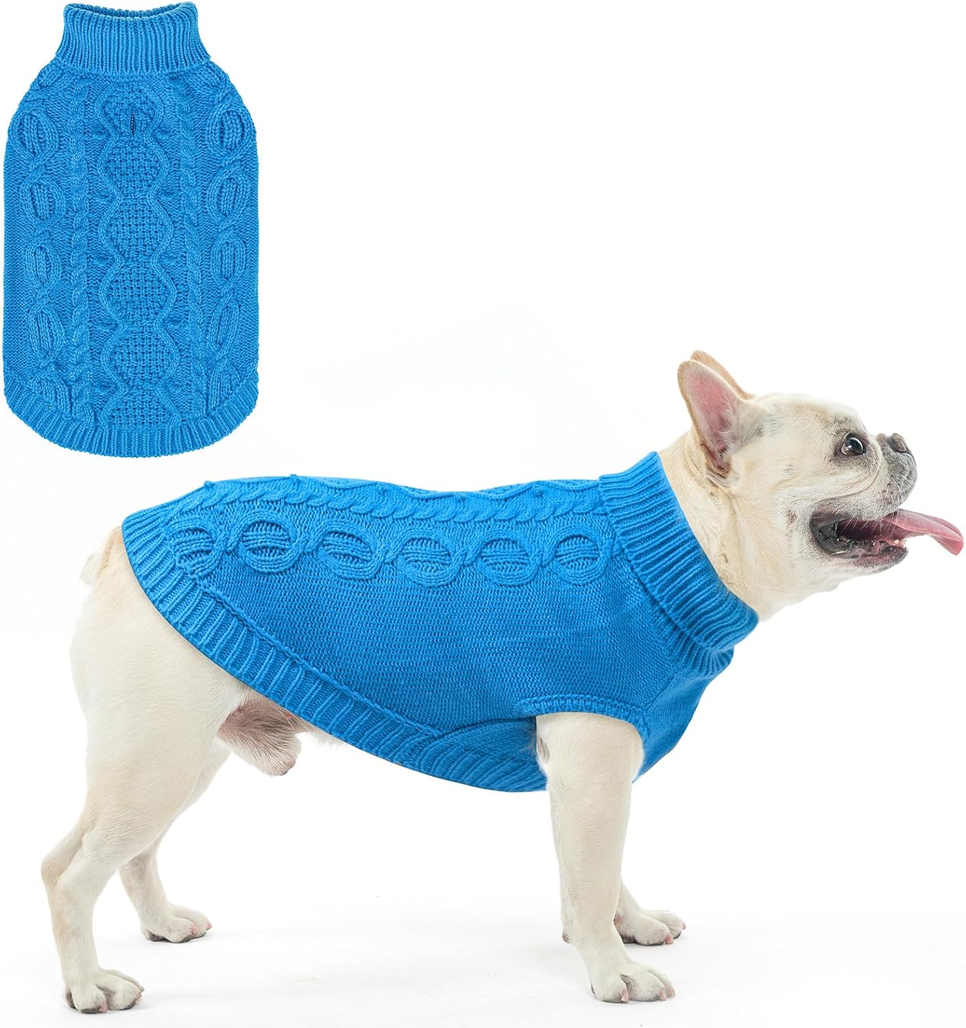 Detalle de SCENEREAL Medium Dog Sweater in Lake Blue, Knitted Turtleneck with Leash Hole