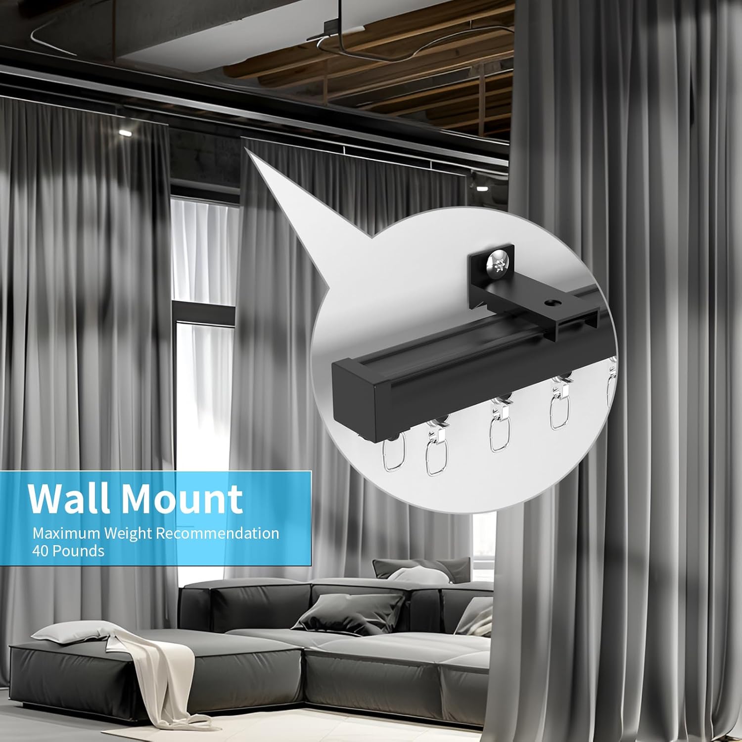 Thumbnail 2 de Rail de rideau plafond et mural en aluminium YLNANMI noir (1,6 m) – à couper et facile à installer