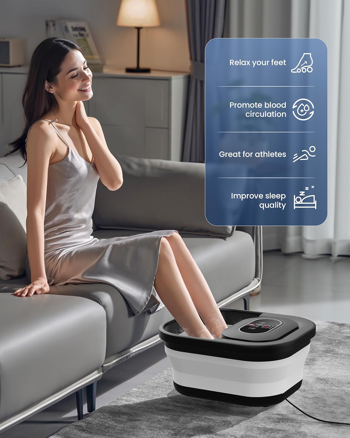 Detalle de COMFIER Fußbad Massagegerät mit Heizung – Faltbar, 35–48°C, Blasenmassage, Timer, Bimsstein
