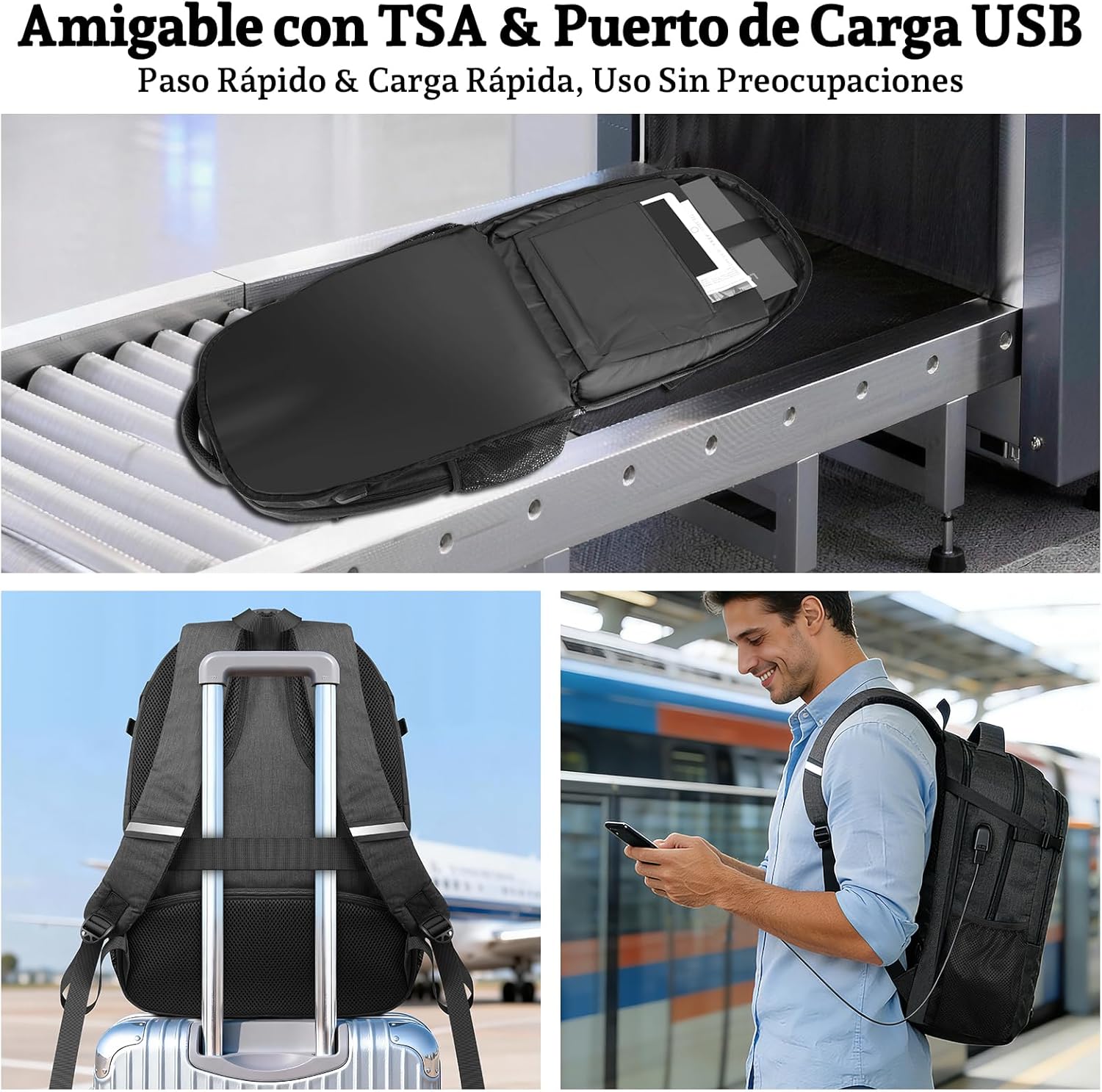 Detalle de ANNMOR Mochila portátil 15,6–17,3" con puerto USB y apertura 180° tipo maleta, negro