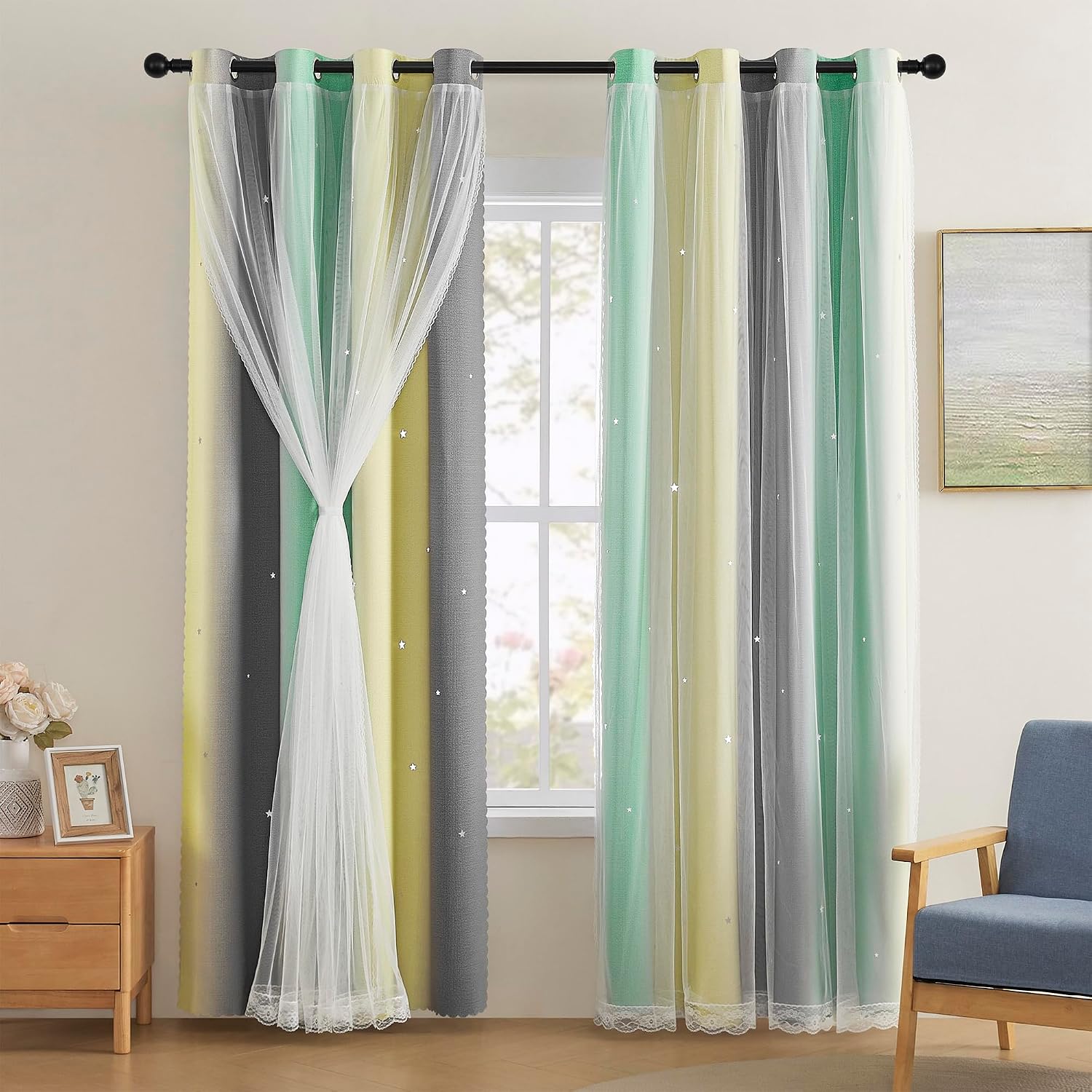 Thumbnail 6 de XiDi Rainbow Pink Purple Bedroom Curtain Panel (2-Layer, 42"/90")