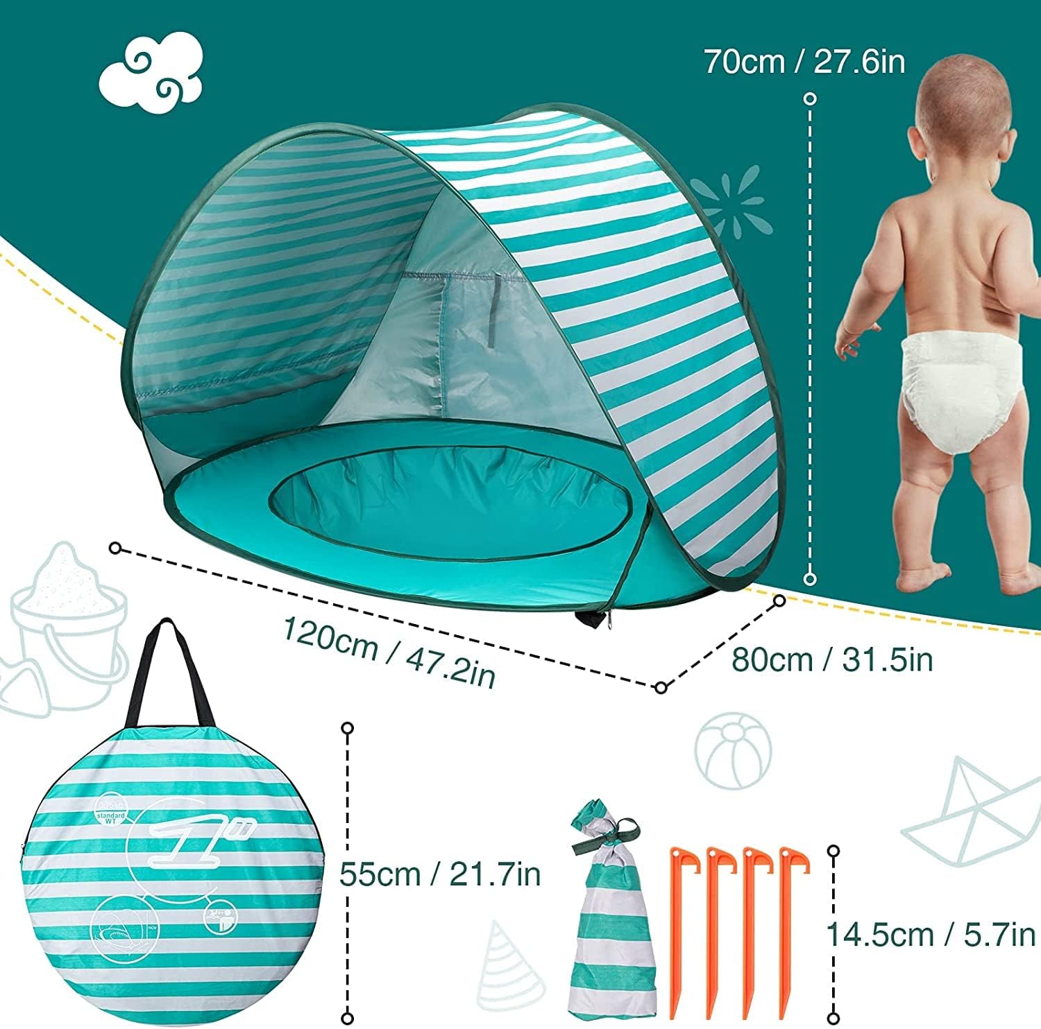 Thumbnail 3 de Pop Up Baby Beach Tent with Automatic Sun Shade, UPF 50+ UV Protection & Mini Pool (Green)