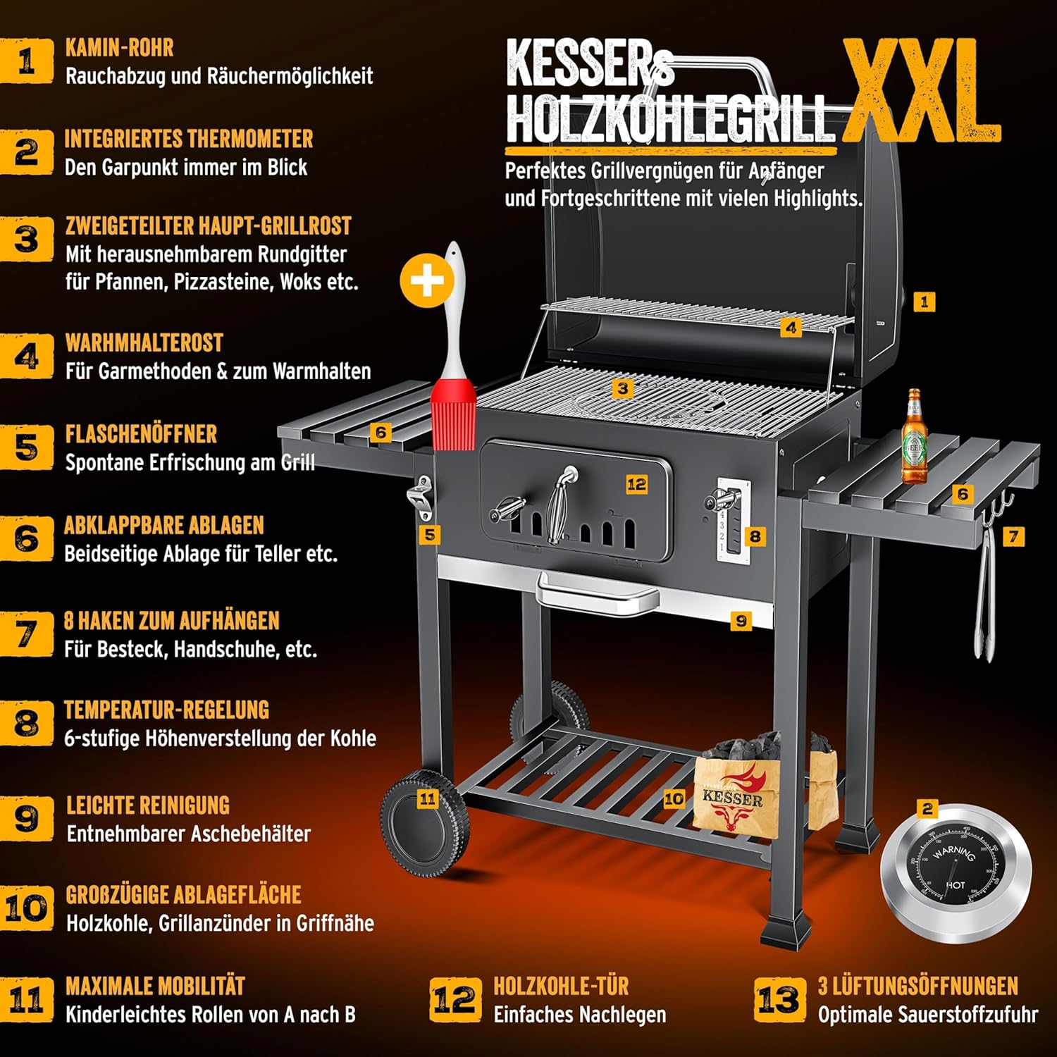 Thumbnail 2 de KESSER® Holzkohlegrill XXL Grillwagen mit Deckel & Thermometer – großer BBQ Kohlegrill Wagen