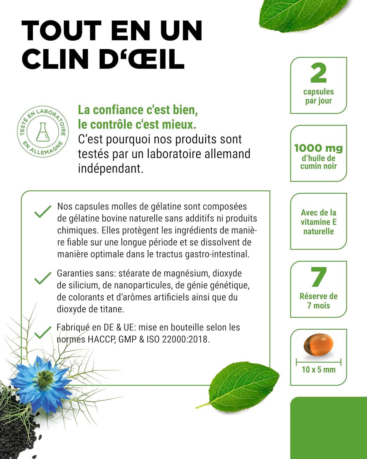 Detalle 2 de Huile de Cumin Noir (Nigella sativa) – 420 capsules – 1000 mg par portion Journalière