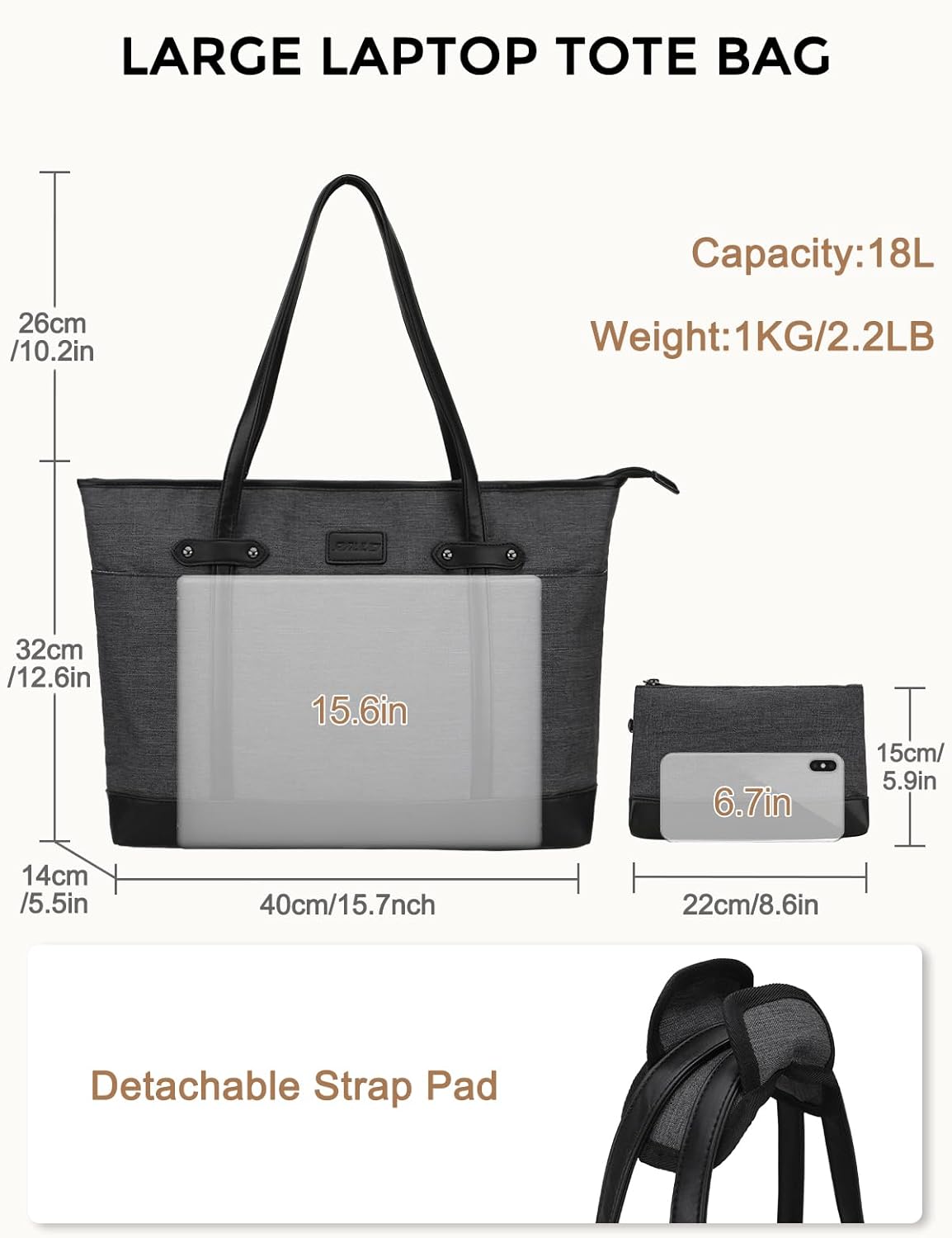 Detalle 2 de RAVUO Women’s Laptop Bag: Water-Resistant 15.6 Inch Laptop Tote with Small Pouch