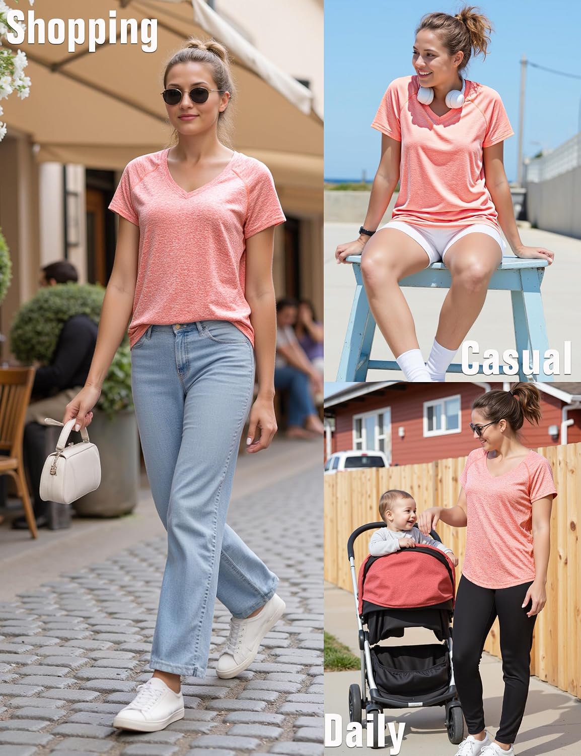Detalle de Wayleb Damen Sportshirt Kurzarm mit V-Ausschnitt – Funktionsshirt mit atmungsaktivem Mesh-Rücken für Fitness, Lauf & Yoga