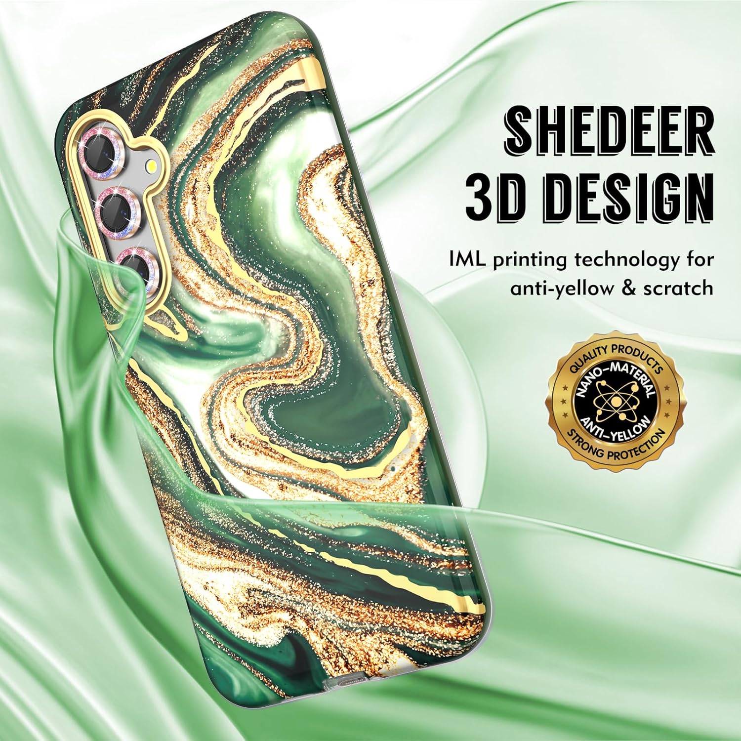 Detalle de SHEDEER Hülle für Samsung Galaxy A55 5G 6,6" – Glitzer, Kameraschutz und Displayschutz, 360° Stoßfestigkeit, Sand Grün