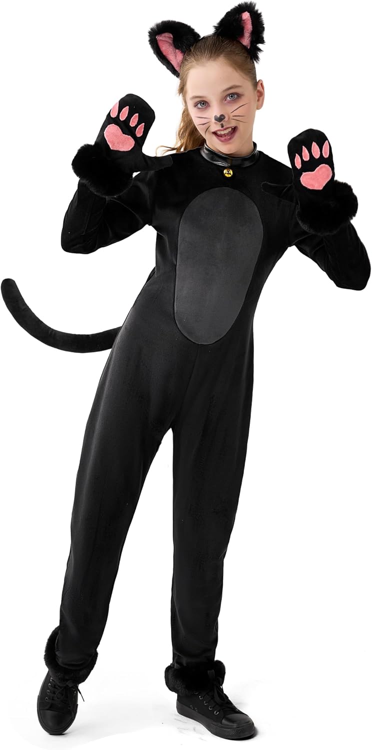 Detalle de Spooktacular Creations Girls Cat Costume, Plush Black Jumpsuit with Detachable Tail
