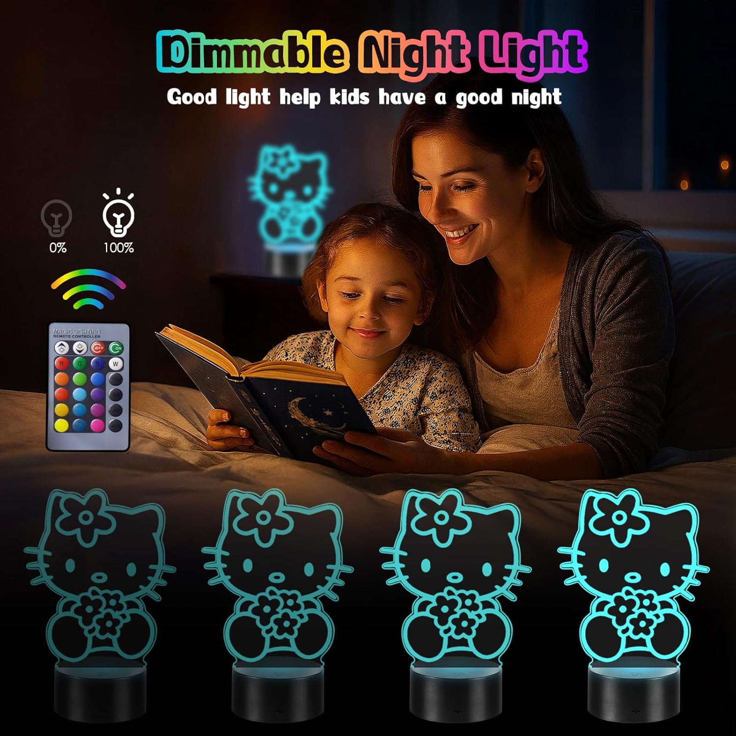 Detalle de Dagydali 2-en-1 Kitty Veilleuse 3D LED pour enfants — 16 couleurs et télécommande