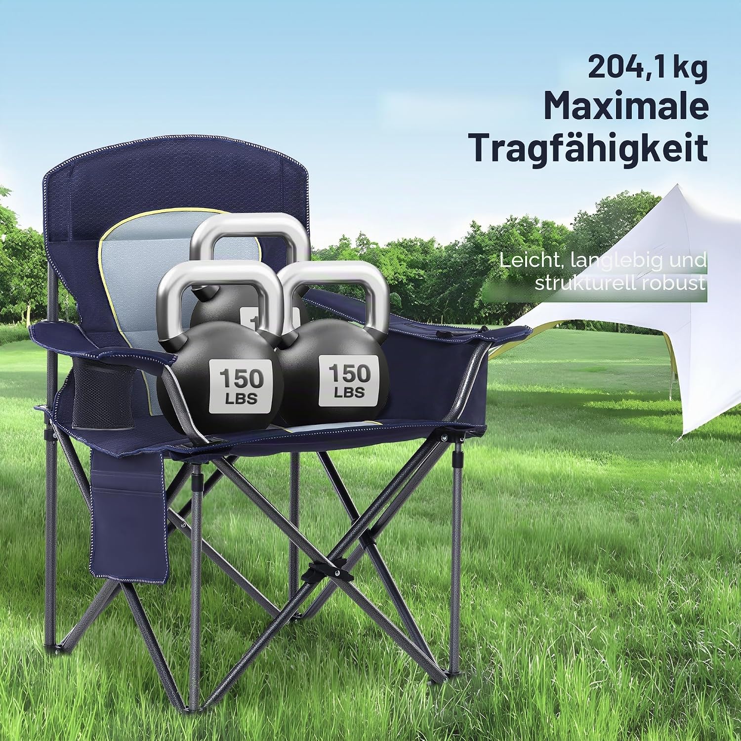 Detalle de HIGH POINT SPORTS faltbarer Campingstuhl (bis 200 kg) mit Getränkehaltern und Armlehnen – XXL Outdoorstuhl