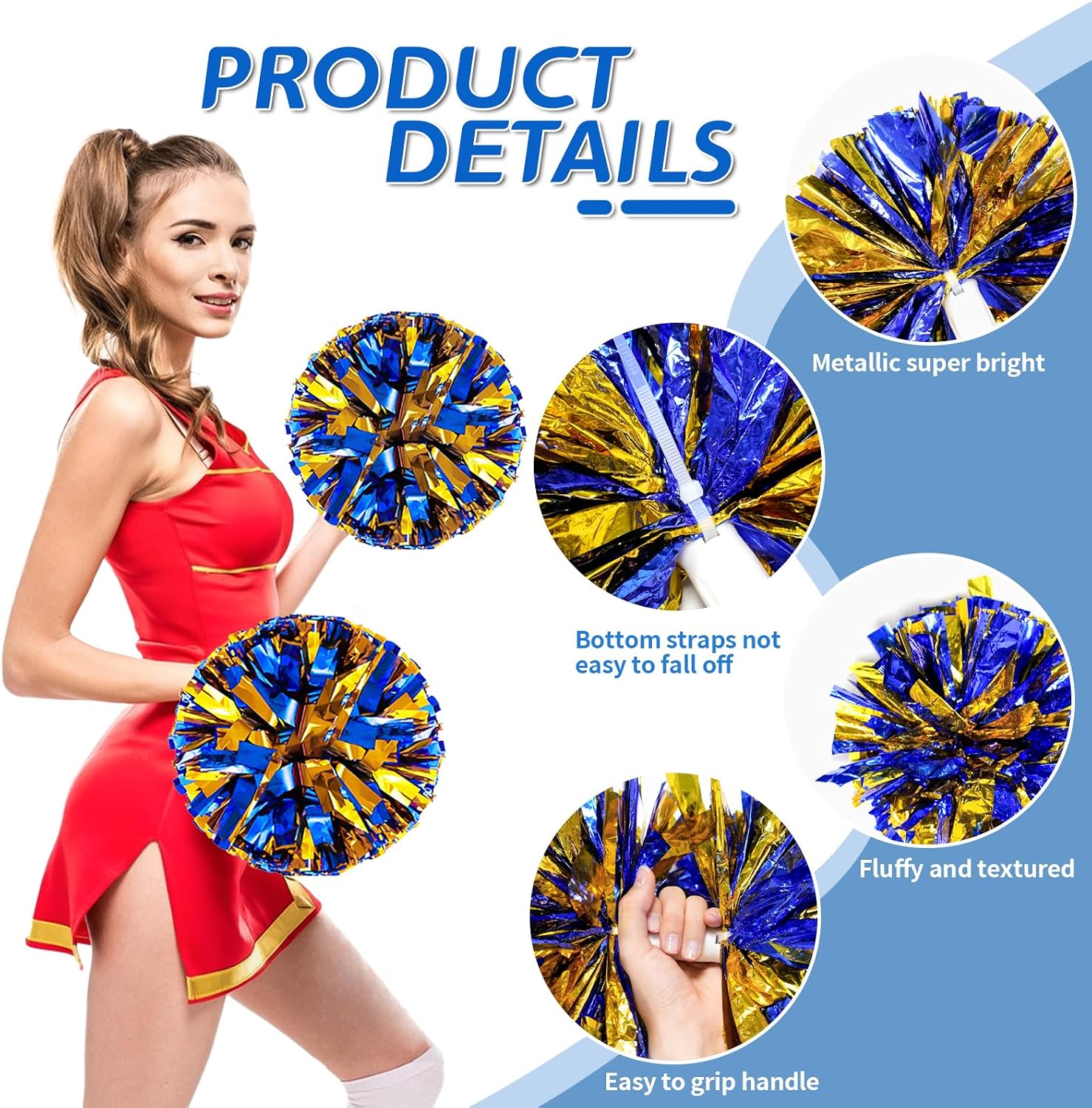 Detalle de CREATIEE-PRO Cheer Pom Poms, 4-Piece Metallic Blue and Gold Set