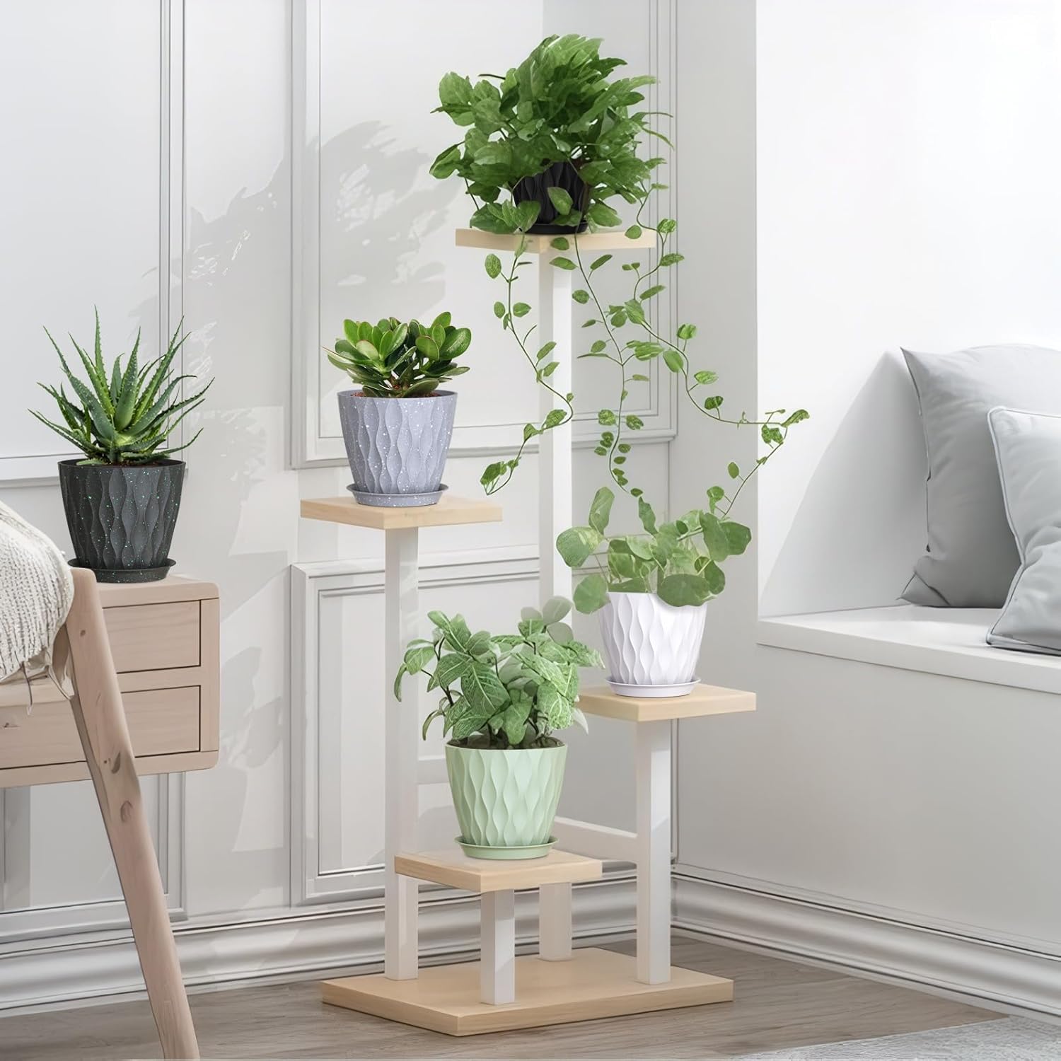 Thumbnail 4 de 12.5cm Plant Pots 6-Pack Plastic Planters with Drainage Holes and Saucers (White)