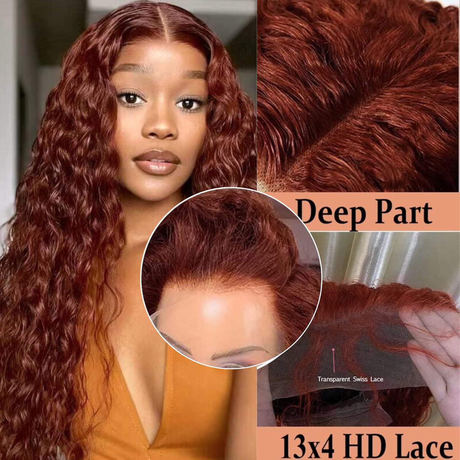 Detalle de AAKJJ Deep Wave Lace Front Wig — 34 Inch, 13x4 HD Lace, Copper Auburn, 200% Density, 100% Human Hair