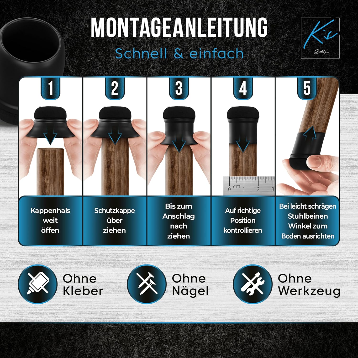 Thumbnail 2 de K's Quality Stuhlbeinkappen Rund Schwarz (16 Stück) – Filzgleiter für Stuhlbeine, 14–20 mm