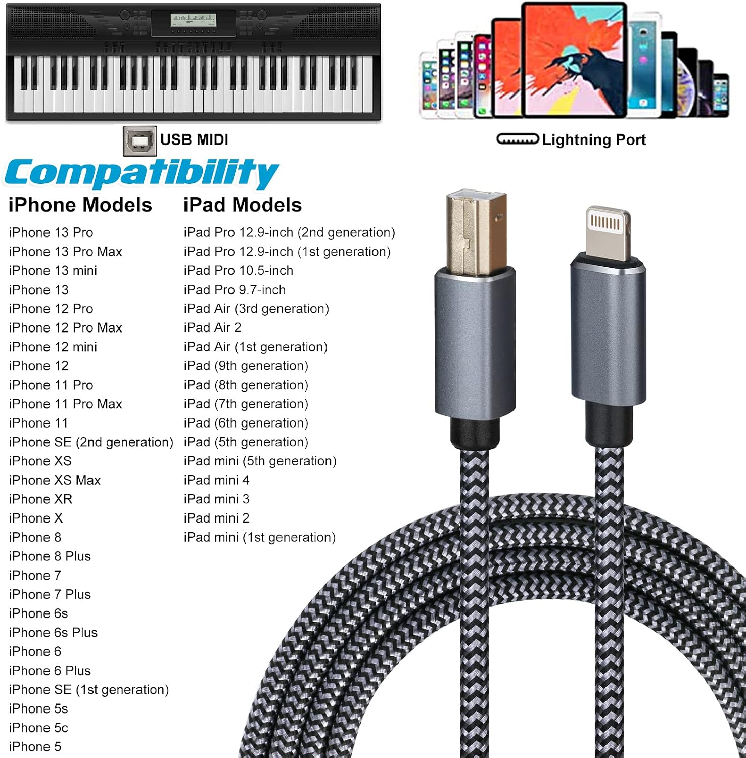 Thumbnail 5 de WORLDBOYU Lightning-MIDIケーブル USB Type-B OTG対応・6フィート