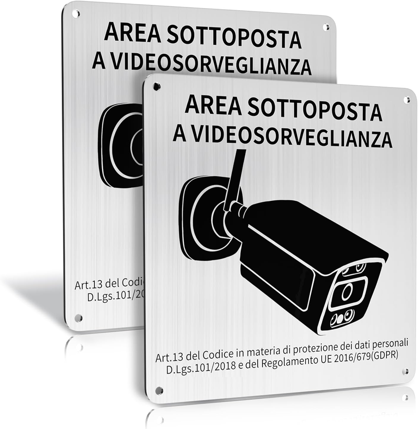 REIGY Cartello Area Videosorvegliata in alluminio esterno 15x15 cm (2 pezzi) con adesivo 3M e GDPR