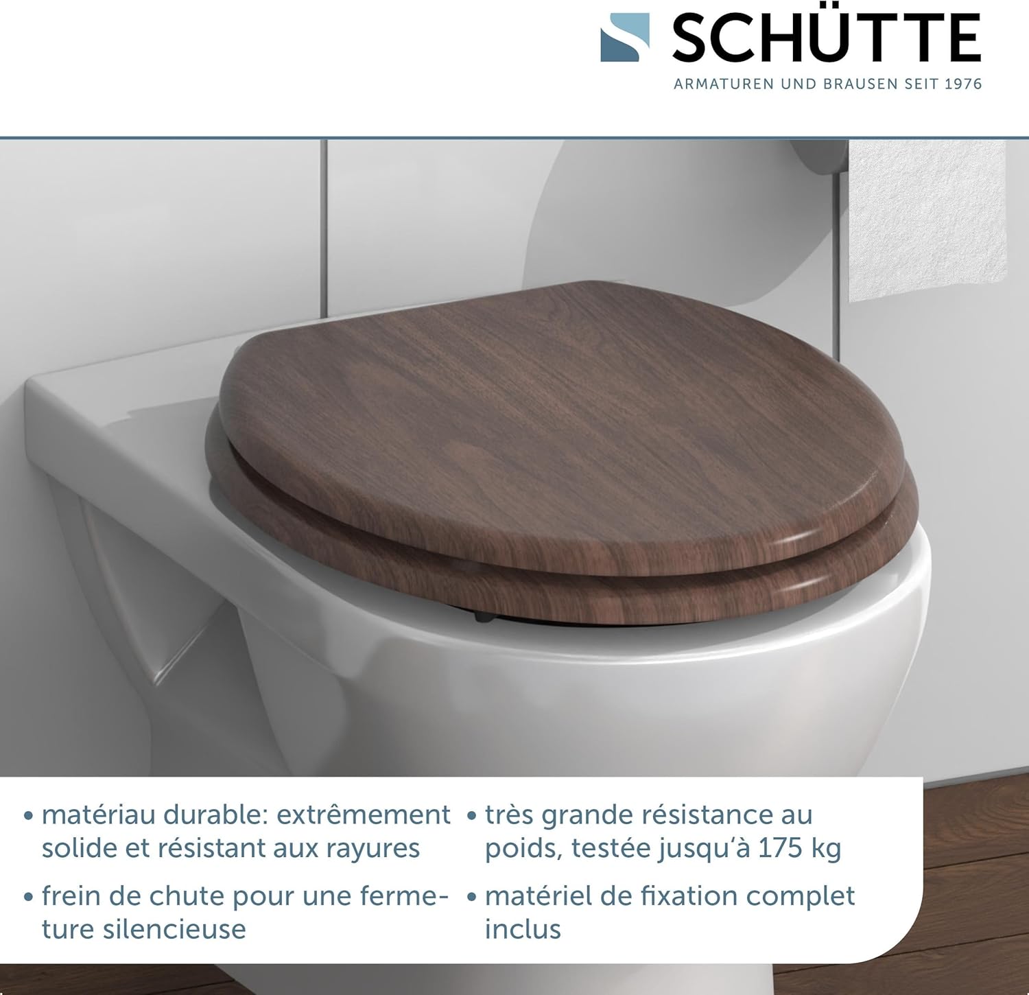 Detalle de SCHÜTTE DARKWOOD Siège de WC à abaissement automatique – bois et motif, charge 150 kg