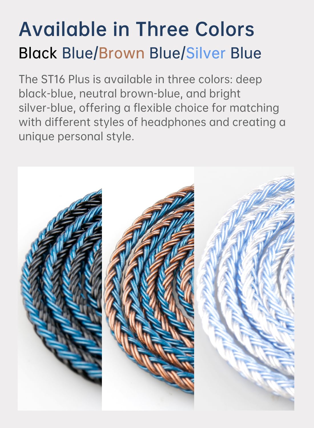 Detalle 2 de KBEAR ST16 Plus IEM-kabel, 2-polig, 3,5 mm, 16-trådig och svartblå
