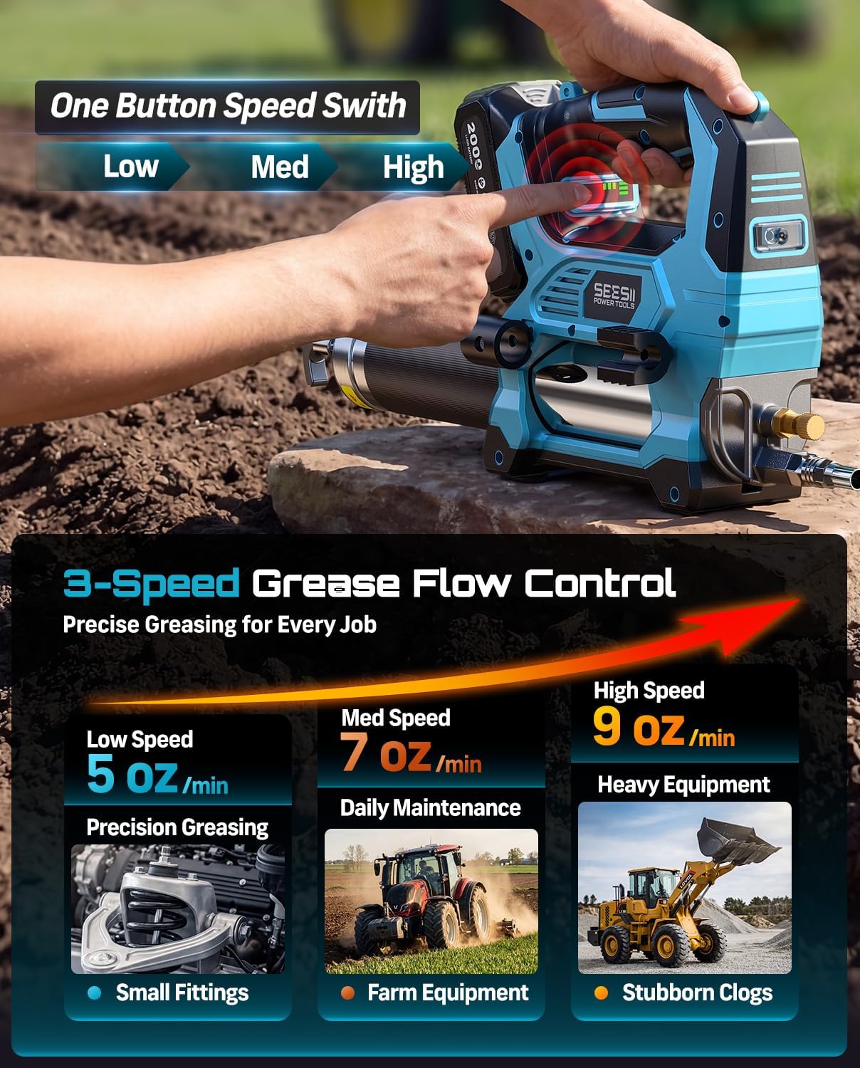 Detalle de Seesii GR02 Utral-CA Cordless Grease Gun, 12,000 PSI, 3 Speeds, 48" Hose