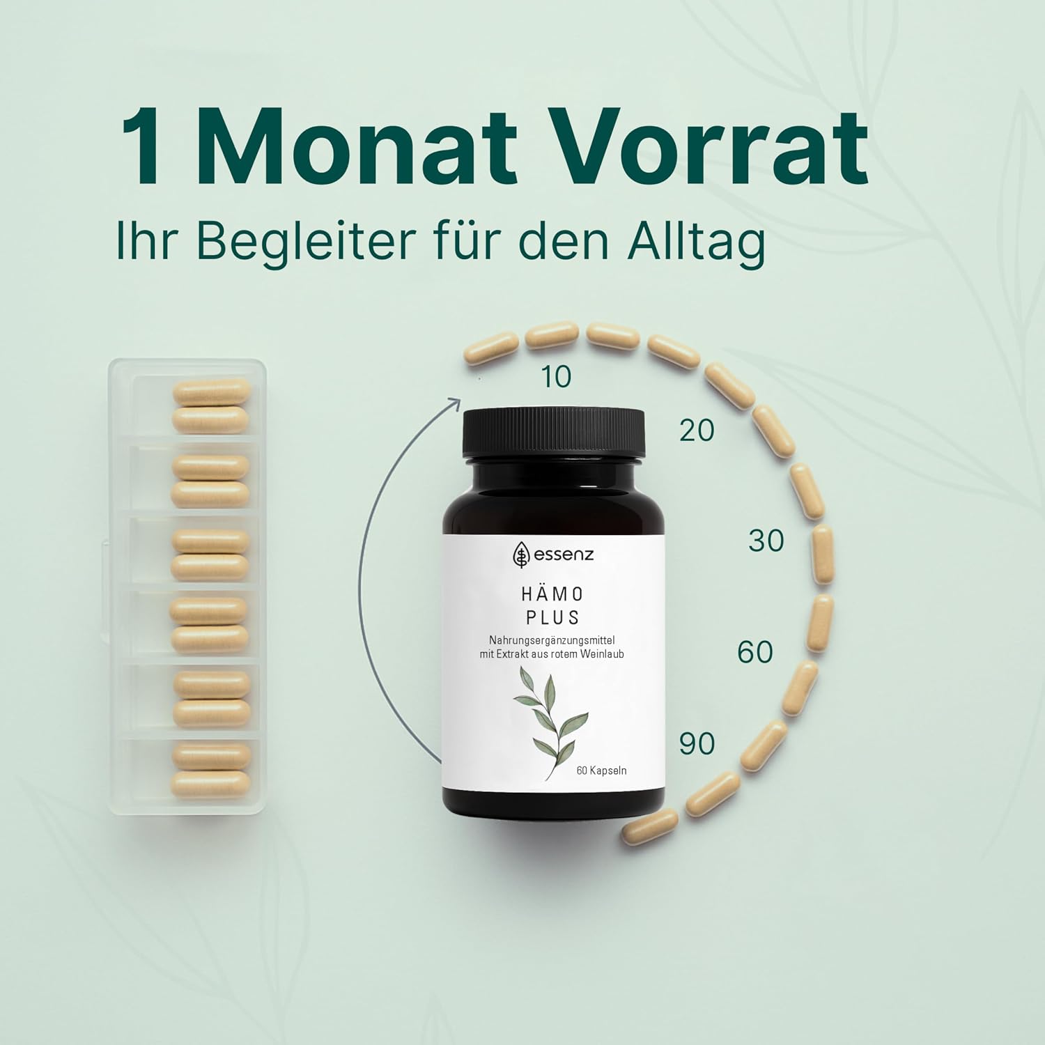Detalle de ESSENZ Hämo Plus Kapseln – Pflanzliche Unterstützung für das Wohlbefinden, vegan & glutenfrei (60 Kapseln)