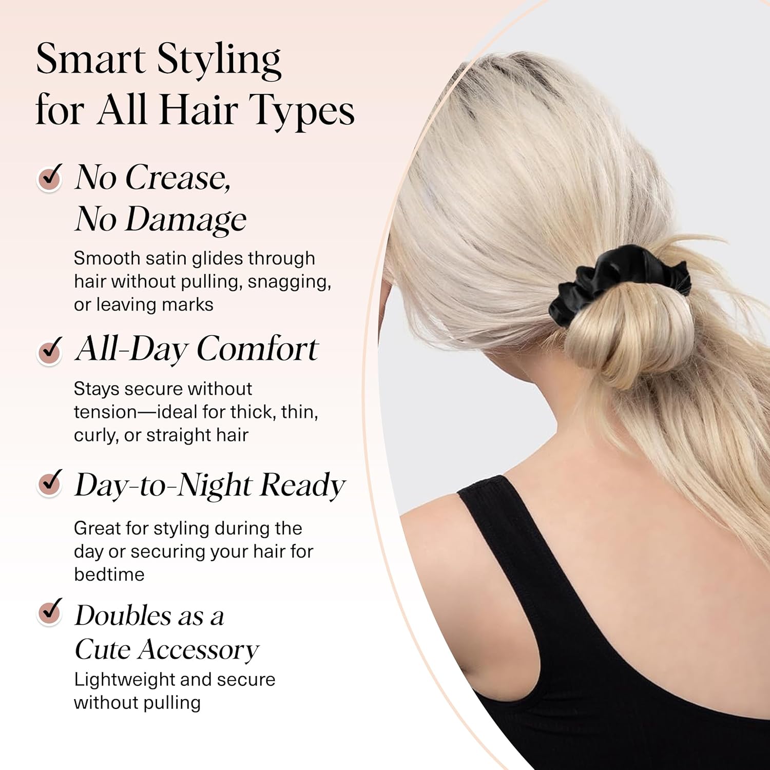 Detalle de Kitsch Satin Scrunchies for Women (Black, 5-pack) — No Crease, Frizz Control