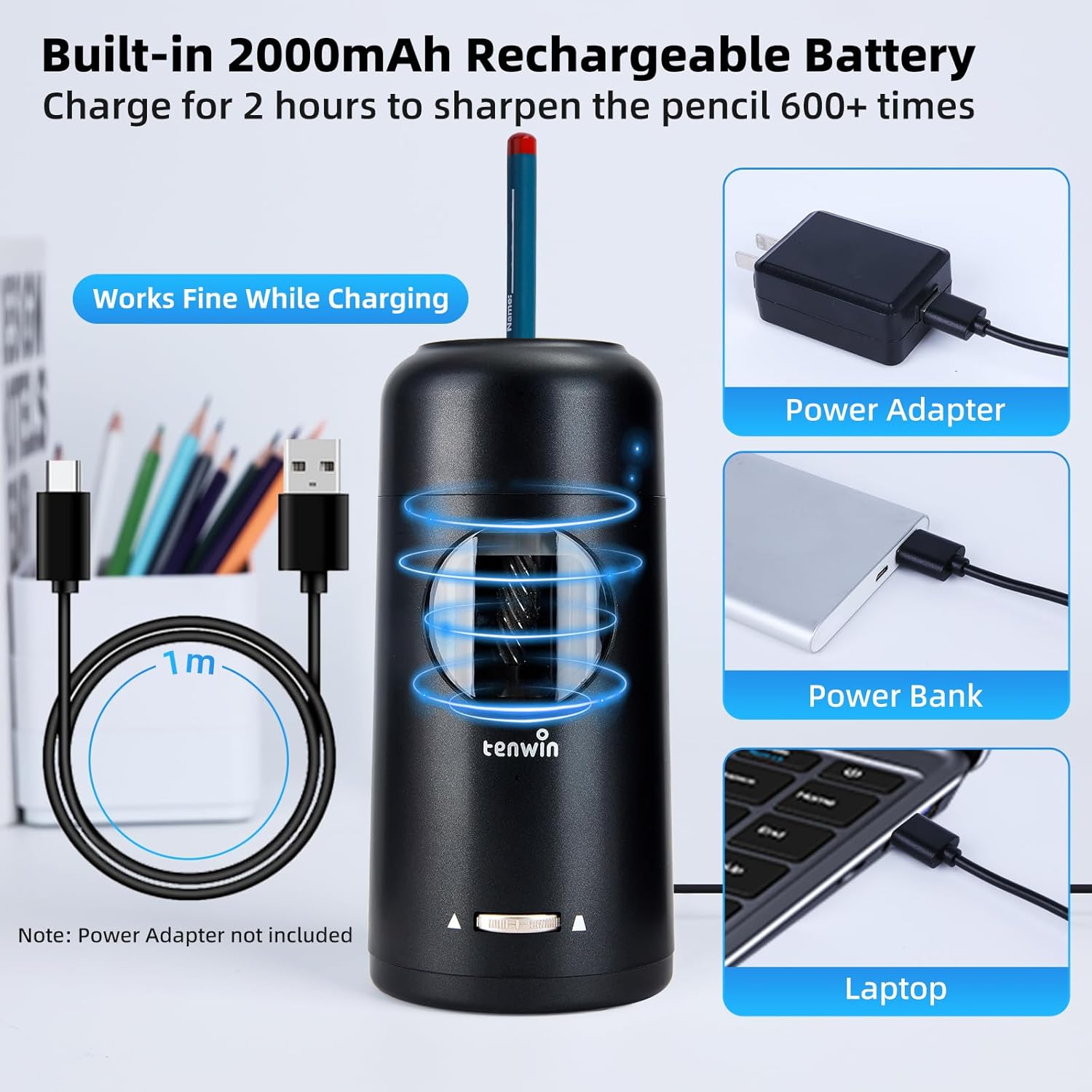 Thumbnail 2 de tenwin Fully Automatic Electric Pencil Sharpener – Rechargeable, 7–11.5mm, Safe & Compact