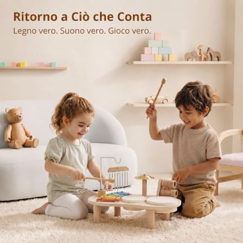 Detalle de Promise Babe Strumenti Musicali in Legno per Bambini da 1 a 3 Anni – Batteria Montessori con Xilofono, Tamburi e Percussioni