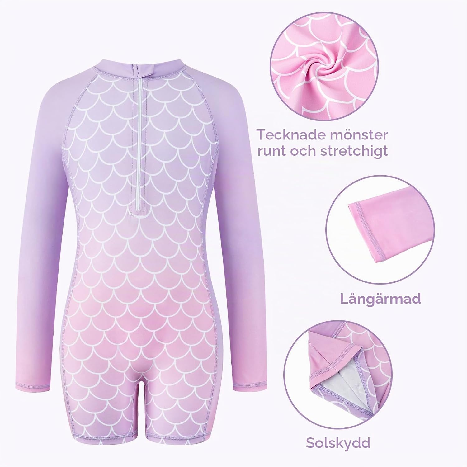 Detalle de JiAmy baddräkt för flickor, UPF 50+, sjöjungfrumotiv och dragkedja, 4–9 år