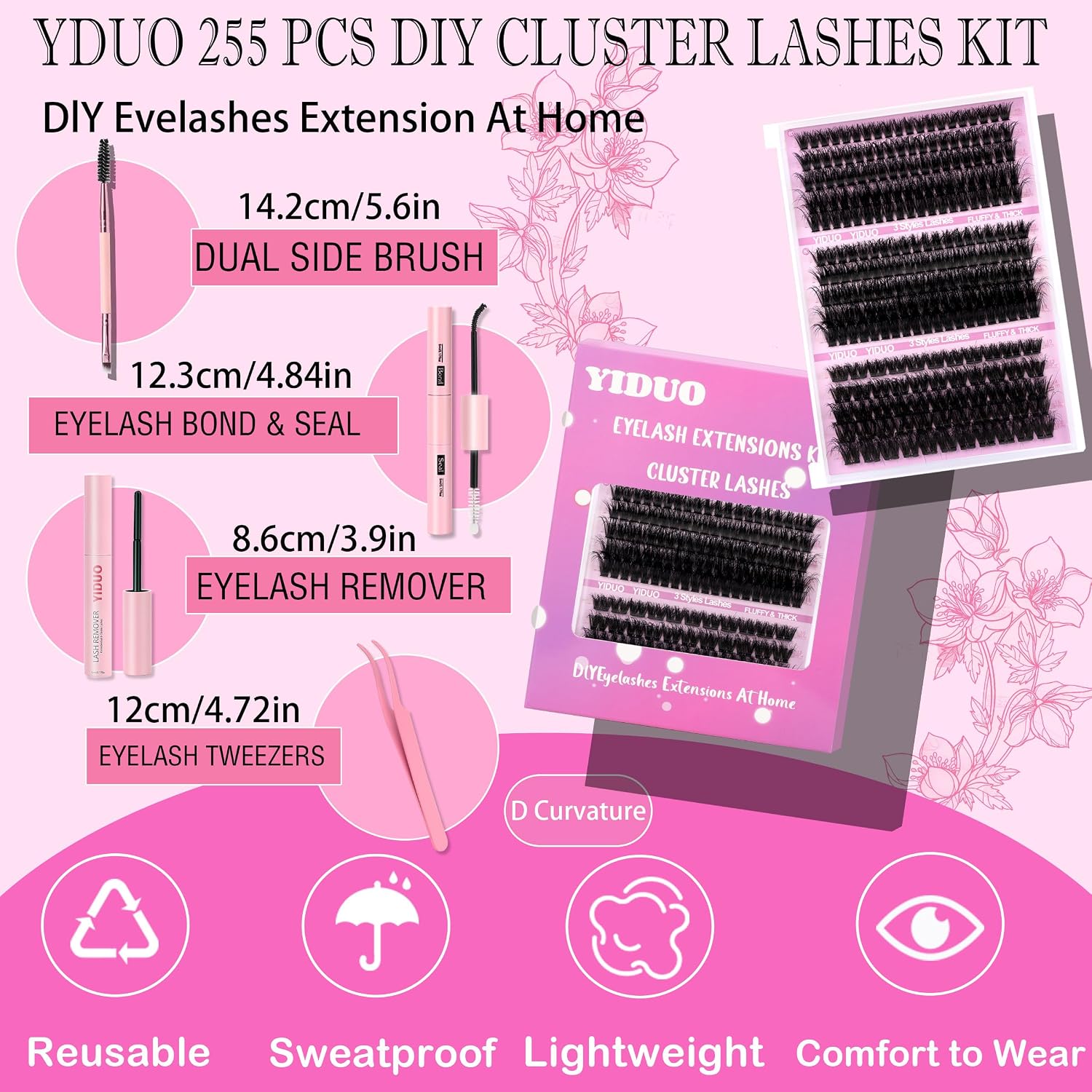 Detalle 1 de YIDUO Volume Lash Clusters Kit, 255 Clusters in 3 Styles with Bond and Seal