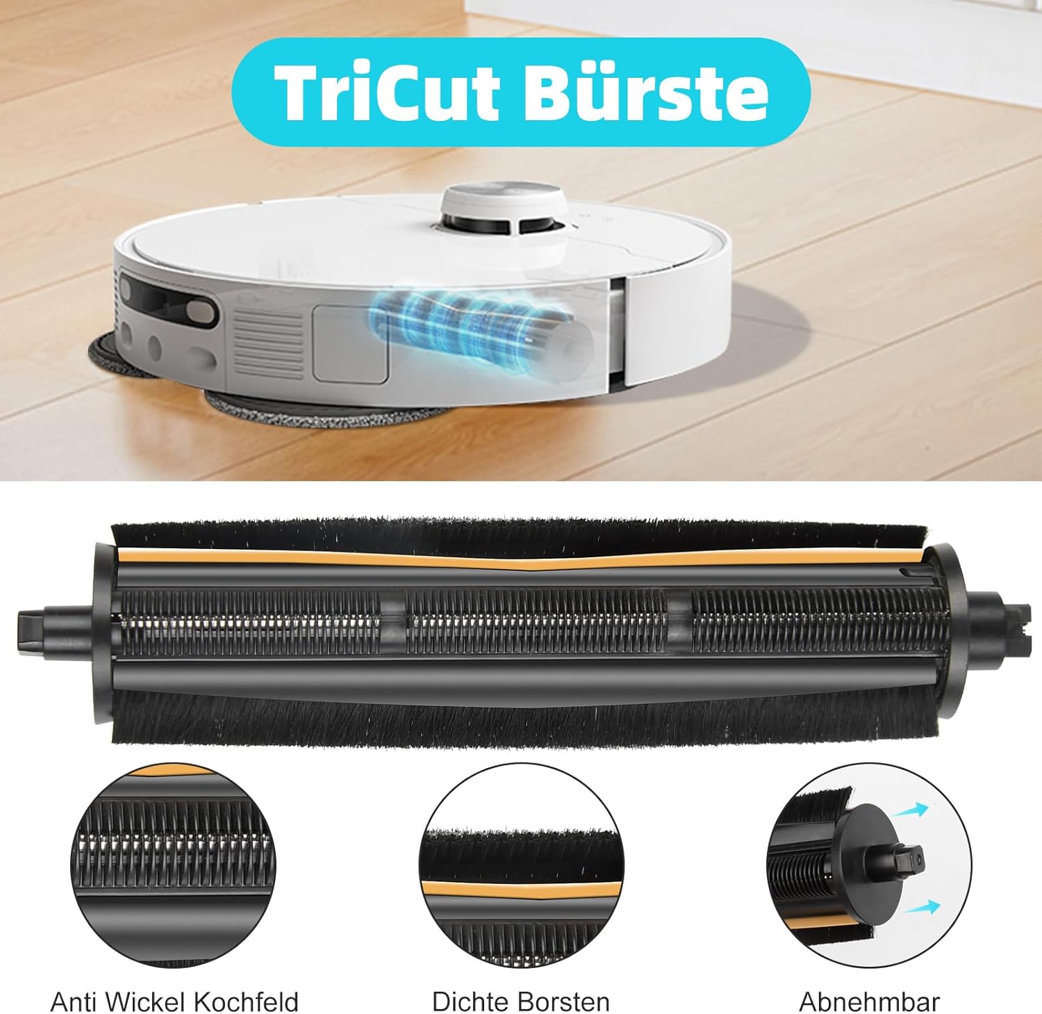 Detalle de TriCut Hauptbürste für Dreame L10s Ultra Gen 2/Gen 3 und X40/X30/X40 Master/L40/L20 Ultra – Anti-Tangle Design