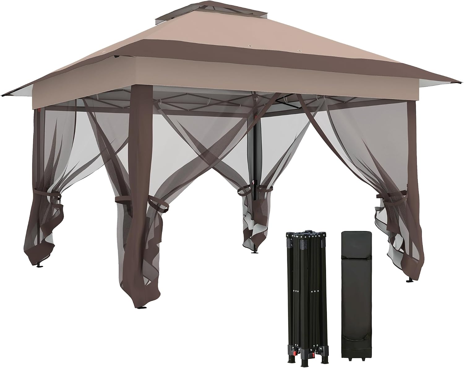 Outsunny Tonnelle de jardin pliante 3,6x3,6 m à double toit avec moustiquaires et sac de transport à roulettes