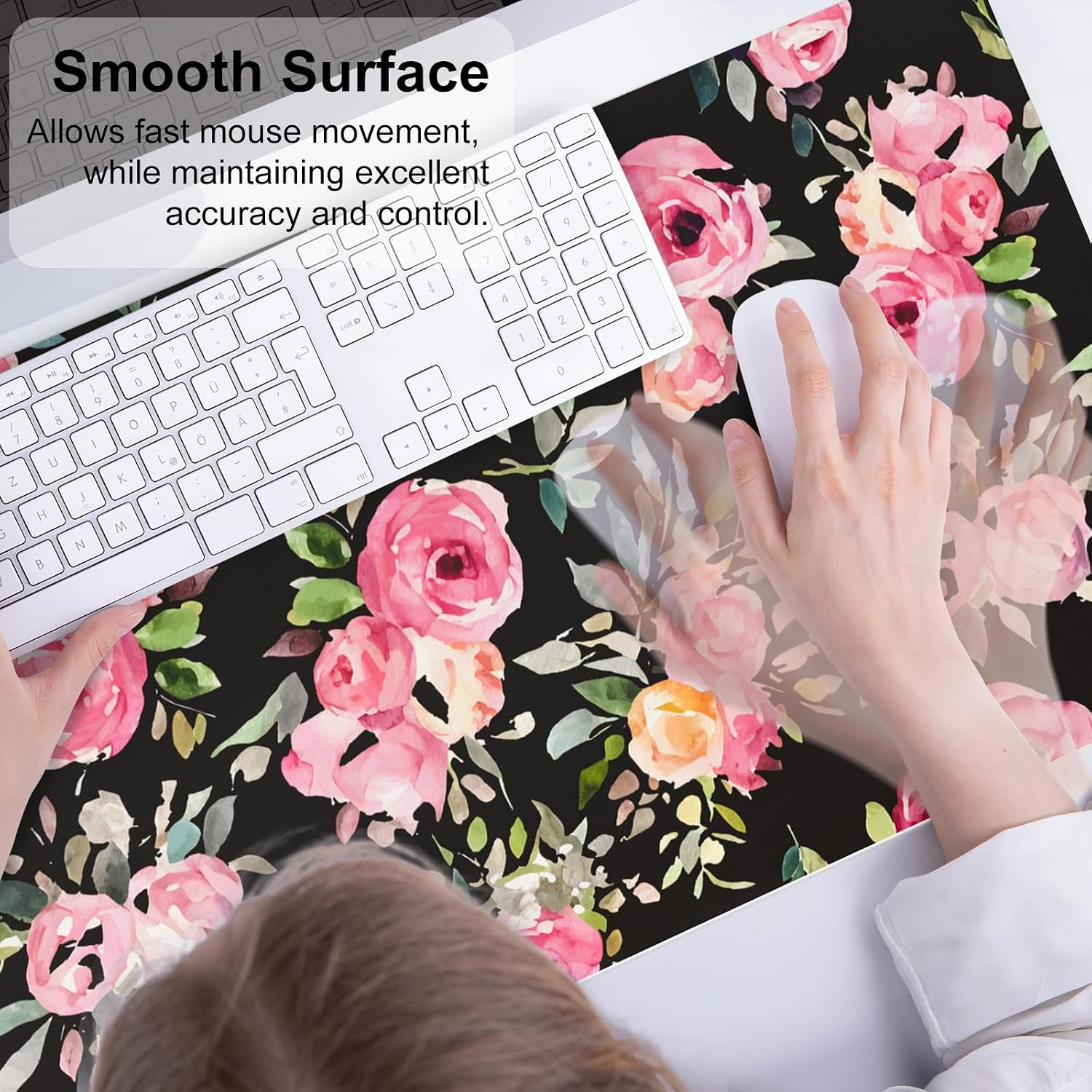 Detalle de QiyI DP-6141-PDP Large PU Leather Mouse Pad, Pink Roses, 31.5" x 15.7