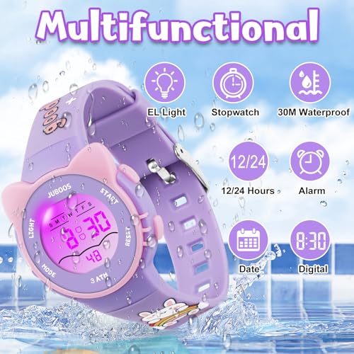 Detalle 2 de Juboos Montre Enfant avec Bracelet Imprimé et 7 Lumières Colorées – Étanche, LED et Oreilles de Chat
