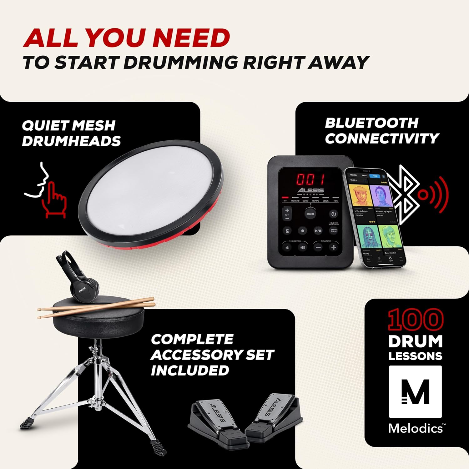 Detalle 2 de Alesis Turbo Max Electronic Drum Set with 8-Inch Mesh Pads, Bluetooth, Foldable Rack