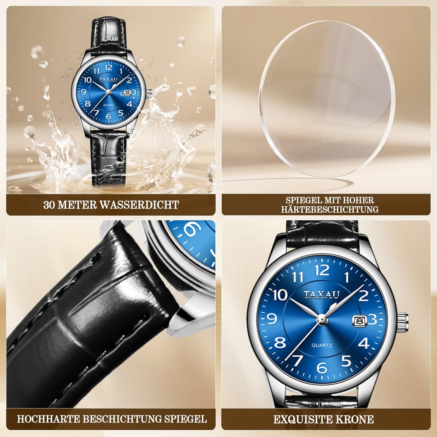 Thumbnail 1 de Taxau Damenuhr mit analogem Quarzwerk, Lederarmband und Datumsanzeige