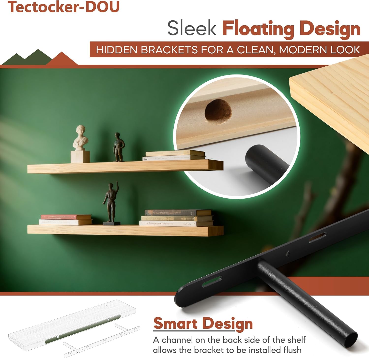 Detalle de 24-Inch Pine Floating Shelves, Set of 2, with Hidden Brackets