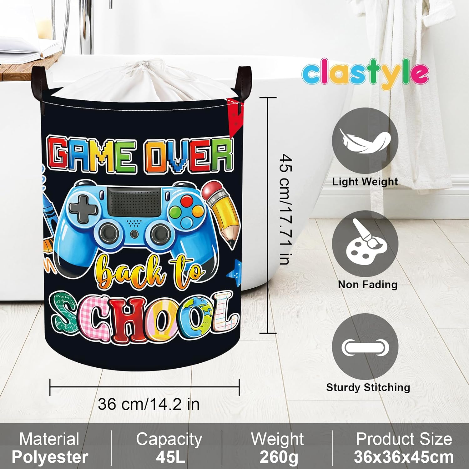 Detalle 2 de Clastyle Gamer Laundry Hamper Collapsible Clothes Basket for Kids – 36x45 cm, Black (Waterproof PE Coating)