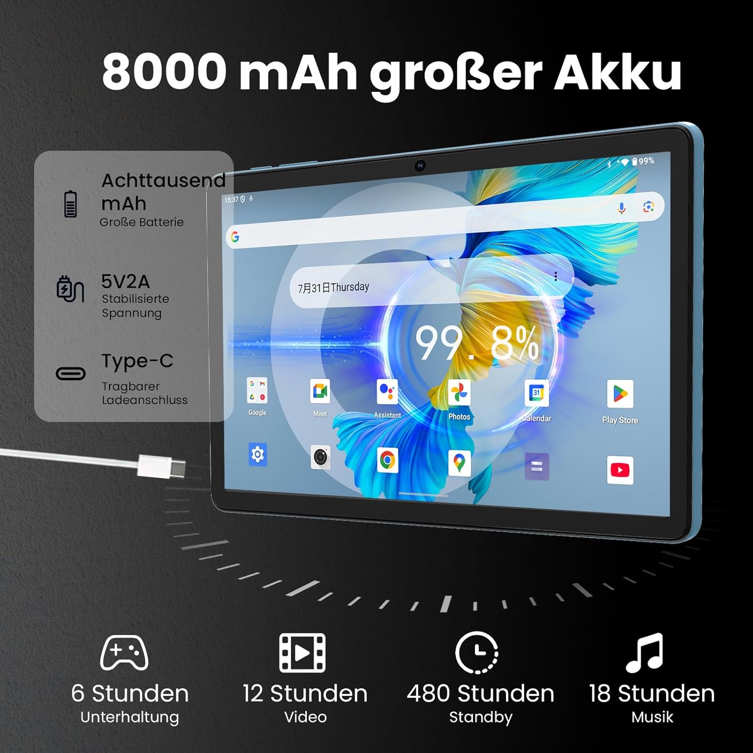 Thumbnail 5 de TUOHAITIME Android 16 Tablet – 11" Bundle mit Tastaturhülle, Eingabestift & Speichererweiterung (Blau)