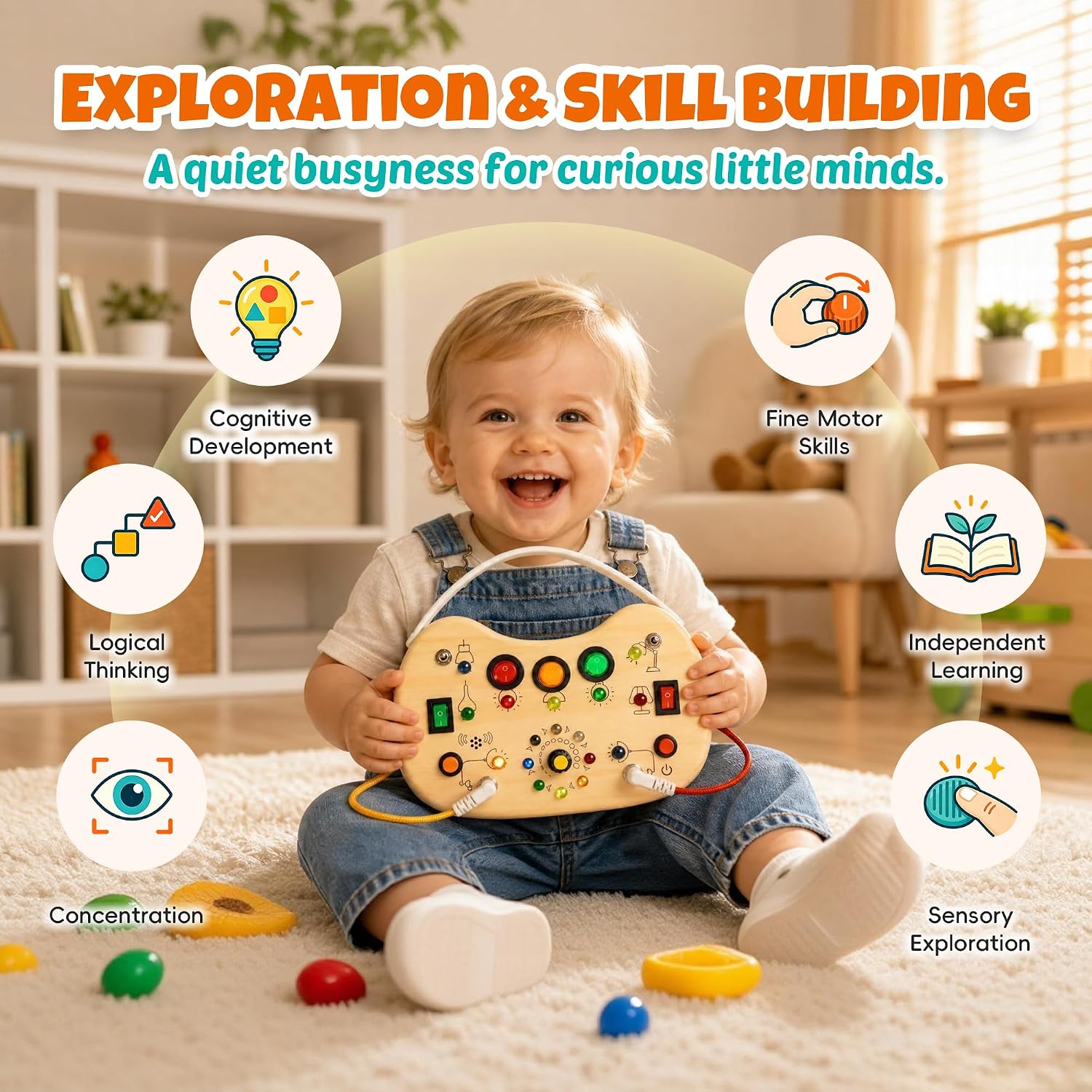 Thumbnail 2 de Flycoost Busy Board with LED Light Switches — Montessori-Inspired Wooden Sensory Toy for 1–3 Year Olds