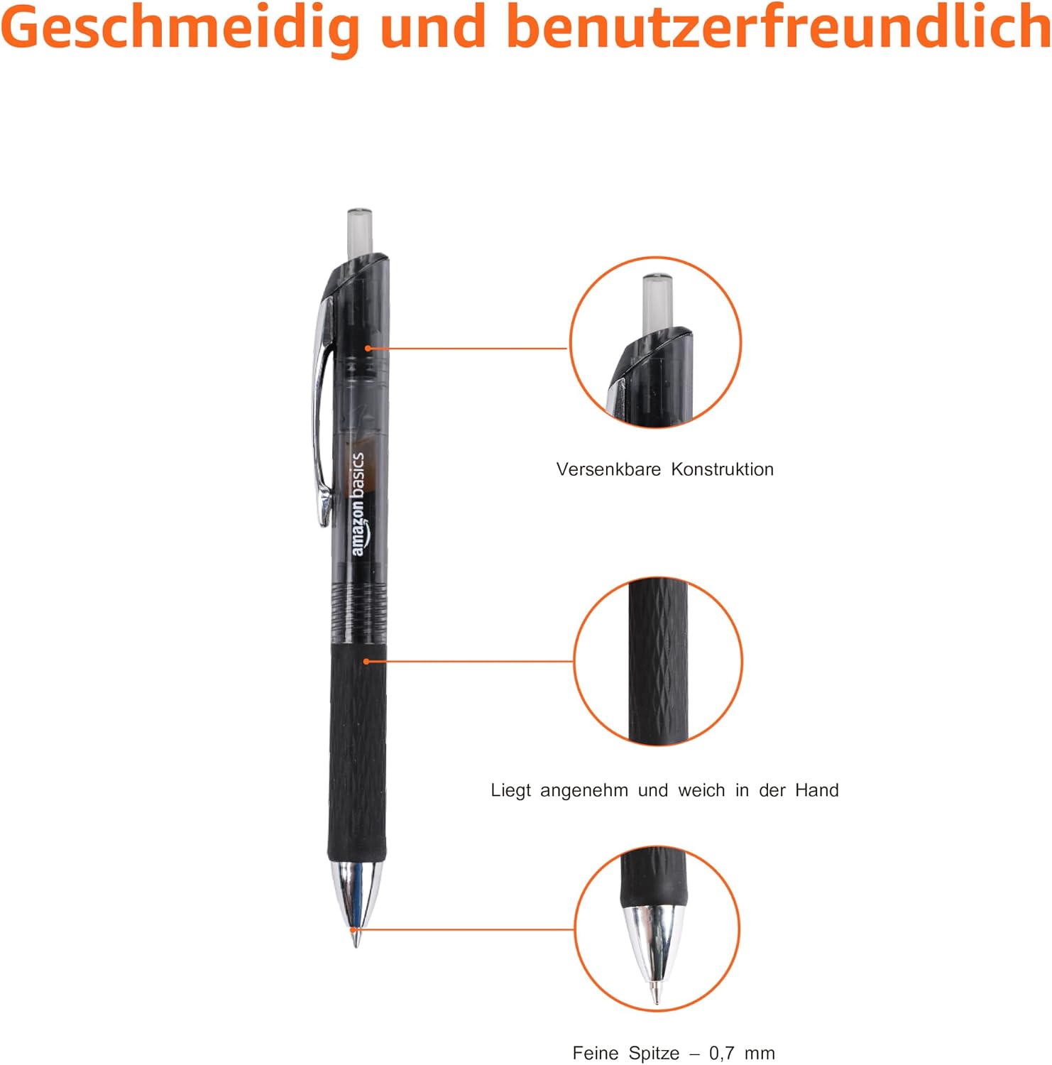 Detalle de Amazon Basics Gel Pens Fine Point 0,7 mm – Retractable, Schwarz, 12er Pack